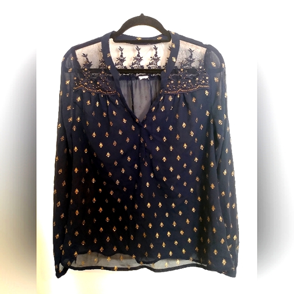 Bila Sheer Women's Blue and Gold Blouse Sz 20x25.5 Inches
